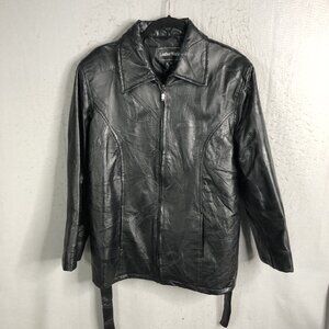 Leatherworks Jacket Mens 2XL XXL Black Leather  Patchwork Full Zip Belted Retro